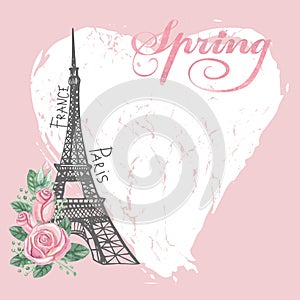 Paris vintage spring card.Eiffel tower,Watercolor