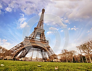 Paris. Wonderful wide angle view of Eiffel Tower from street level in December