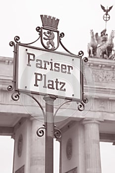 Pariser Platz Square Street Sign and Brandenburg Gate; Berlin