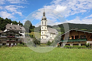 Parish Church of St. Sebastian in Ramsau. National Park Berchtesgadener Land. Upper Bavaria. Germany