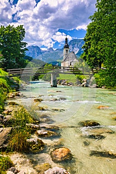 Parish Church of St. Sebastian in the village of Ramsau, Nationalpark Berchtesgadener Land, Upper Bavaria, Germany. Colorful view