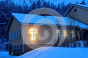 The parish hall in the blue twilight.