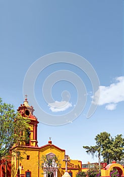 Parish of Villa de San Sebastian in Bernal, Queretaro, Mexico, with space for text above photo