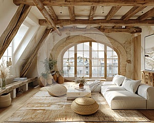 Parisian attic apartment with exposed beams and chic decor3D render