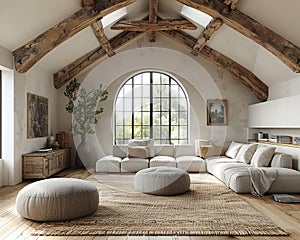Parisian attic apartment with exposed beams and chic decor3D render