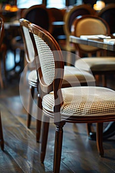 Parisian bistro chairs in a row inside a restaurant. Interior photography