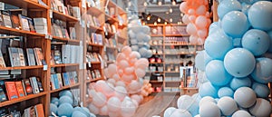 Parisian bookstorethemed birthday party with bookshop facade balloons cozy reading nooks literary