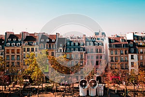 Parisian buildings in front of Centre Pompidou in Paris, France