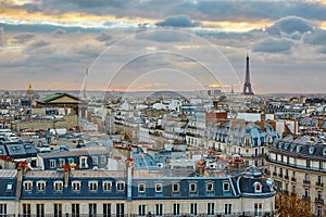 Parisian skyline with the Eiffel tower at sunset