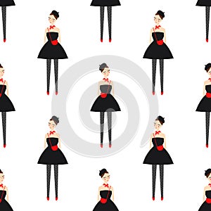 Parisian style girl in black dress seamless pattern on white background.