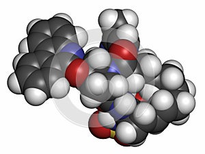 Paritaprevir hepatitis C virus (HCV) drug molecule (NS3-4A serine protease inhibitor). Atoms are represented as spheres with