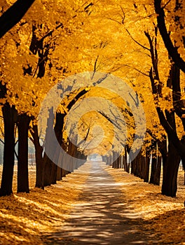 park alley in autumn, where the trees have taken on a rustic, rusty hue.