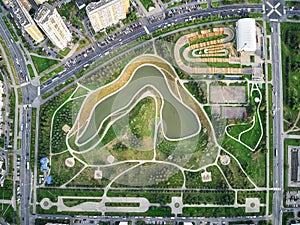 Park of the 850 anniversary of Moscow, Russia, left coast of the Moskva River, aerial view drone