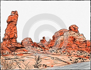 Park Avenue Trail on Arches Entrance Road in Arches National Park Utah Watercolor