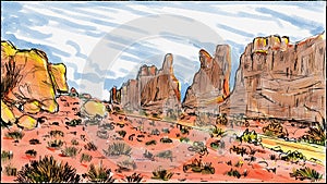 Park Avenue Trail on Arches Entrance Road in Arches National Park Utah Watercolor Painting