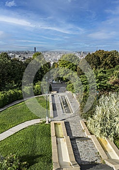 The park of Belleville with the panorama of Paris in the background