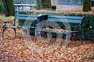 Park bench in a autumn colored city of Orebro Sweden