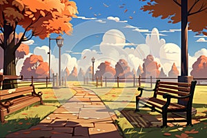 A park with a bench and a lamp post. AI.