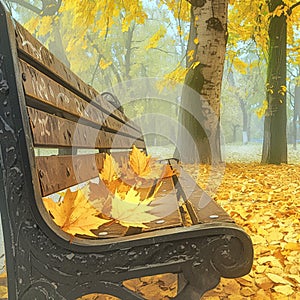 Park bench with metal sidewall, adorned with yellow autumn leaves