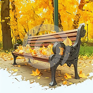 Park bench with metal sidewall, adorned with yellow autumn leaves