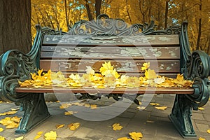 Park bench with metal sidewall, adorned with yellow autumn leaves photo