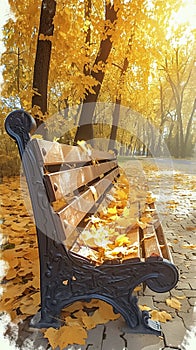 Park bench with metal sidewall, adorned with yellow autumn leaves photo