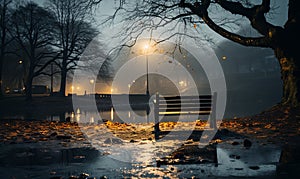 Park Bench by Tree on Rainy Night