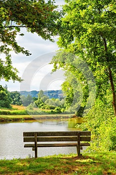 Park bench overlooking the view by the lake in the countryside. Scenic view of trees and greenery by a river with an