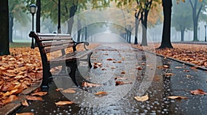 A park bench sitting on a wet sidewalk, AI