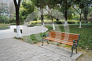 A park bench, standing silently in an environment surrounded by lush trees.