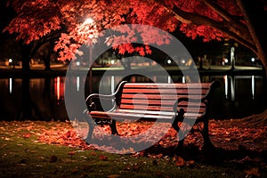 a park bench under a tree at night