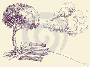 Park bench under a tree sketch