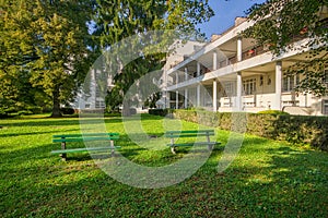 Park with benches in Sliac spa resort by Hotel Palace