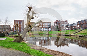 Park and buildings of downtown Waddinxveen, Netherlands