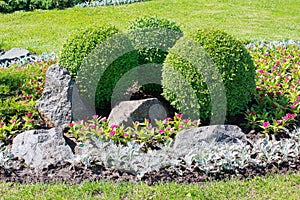 Park with bushes and stones