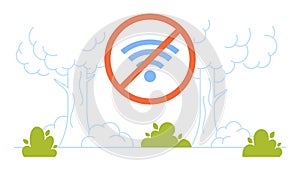 Park with Bushes and Trees. Spending Time without Devices. Internet Detox. No Wi-Fi Sign. Cartoon Vector Illustration