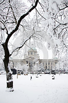 The park in the center of Belgrade on a snowy day, wth the National Assembly of the Republic of Serbia
