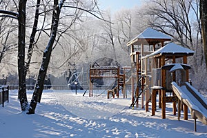 A park covered in snow with a play structure standing in the center as children play and make snowmen, A playground in a winter
