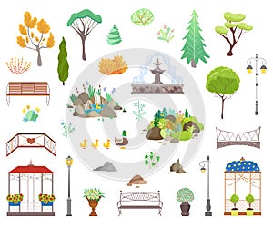 Park decor elements vector illustration set, cartoon flat city park garden landscape items collection icons isolated on photo