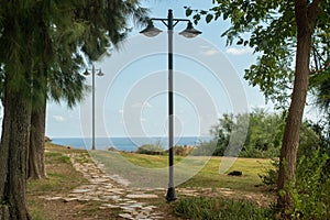 A park on the edge of a cliff by the sea. A path and lanterns with trees