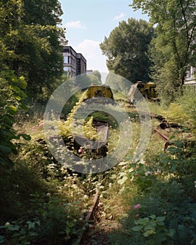 A park filled with the wreckage of forgotten tanks wildflowers and ivy slowly reclaiming their surfaces. Abandoned