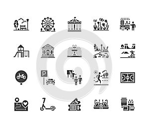 Park flat glyph icons set. Botanical garden, carousel, ferris wheel, museum, excursion, pond, street food, fountain