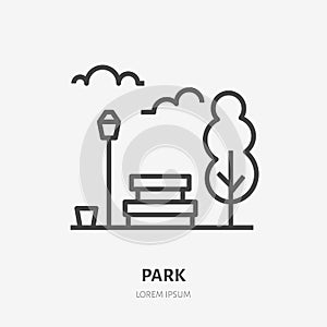 Park flat line icon. Vector thin sign of bench, tree, sky and street light, urban public place logo. City infrastructure