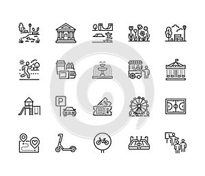 Park flat line icons set. Botanical garden, carousel, ferris wheel, museum, excursion, pond, street food, fountain