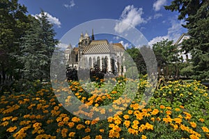 Park with flowers near St. Elizabeth Cathedral in Kosice