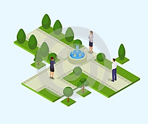 Park with fountain vector illustration isometric isolated. Different people man women in business clothes in park.