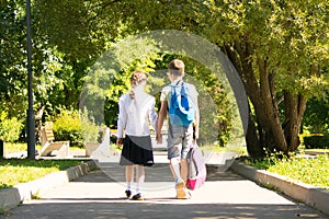 In the park, in the fresh air, schoolchildren hold hands, the rear view, the boy carries a backpack girls