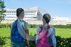 In the park, in the fresh air, schoolchildren look at the educational institution, rear view