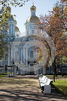 Park in front of the St. Nicholas Cathedral  Sailors Cathedral. Saint-Petersburg, Russia