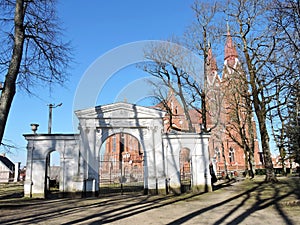 Park gate and church, Lithuania